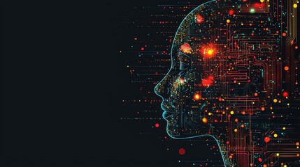 Abstract human head with circuitry, digital thinking, flat design illustration