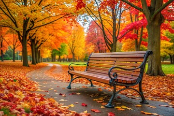 Wall Mural - Bench surrounded by colorful autumn leaves in park