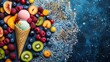 © AURA COLLECTIONS - A colorful ice cream cone surrounded by various fruits on a decorative background.