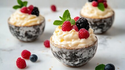 Creamy rice pudding topped with fresh raspberries and blackberries in small bowls on a white marble table.