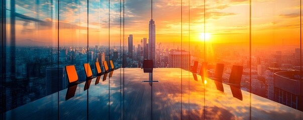 Wall Mural - Empty Conference Room with City Skyline Sunset View