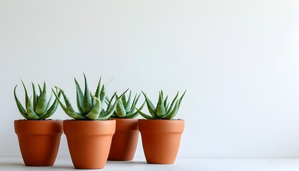 Wall Mural - Aloe Vera Plants in Terracotta Pots Against a Clean White Background