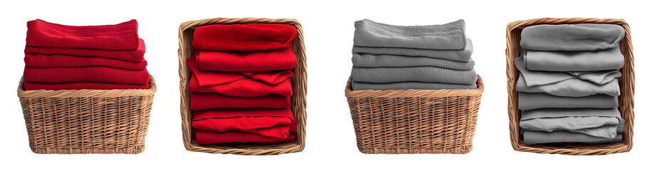  2 Set of red maroon grey gray neatly folded clean laundry clothes in rectangle wicker basket, front top view on transparent background cutout PNG. Mockup template for artwork design