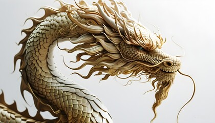 Wall Mural - Majestic golden dragon with intricate scales and a long serpentine body against a crisp white background