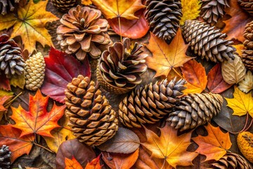 Wall Mural - Autumn still life of pine cones and vibrant maple leaves