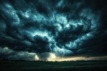 a photo stormy sky with lightning strikes: a dramatic, dark sky filled with rolling storm clouds and