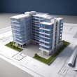 © Md Tahsin - 3D building model on detailed blueprints showcasing layout and dimensions
