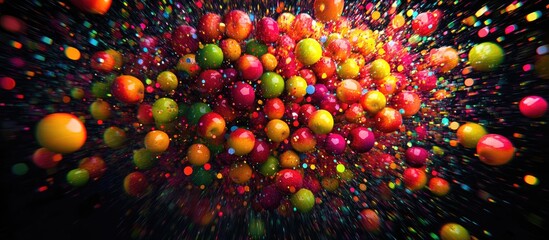 Wall Mural - Vibrant apple explosion in a spherical formation Circular array created by scattered apple elements Multicolored raster abstraction