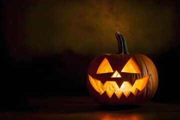 A realistic image of a menacing pumpkin jack-o'-lantern glowing from within, set against a dark background, perfect for Halloween.