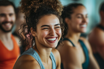 Sticker - woman with curly hair is smiling and laughing while sitting in a group. Scene is happy and joyful