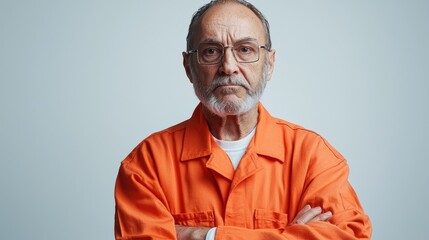 Mid-aged man in orange prison jumpsuit standing sternly in isolation on white background