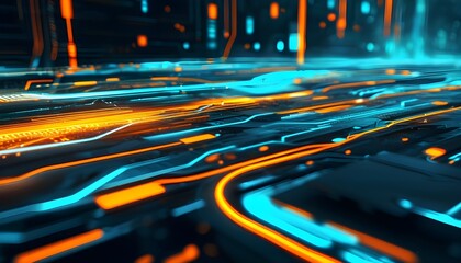 Wall Mural - Futuristic Abstract Digital Circuit with Glowing Orange and Teal Lights on Dark Background