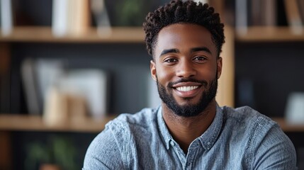 Wall Mural - Confident African American Man Smiling in Close-up Portrait at Home Office