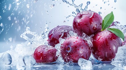 Fresh Red Plums Splashed With Water Among Ice Cubes on a Light Background in a Kitchen Setting