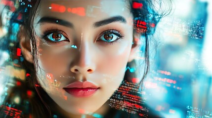 Close-up portrait of a woman with digital data overlaying her face, looking directly at the camera.