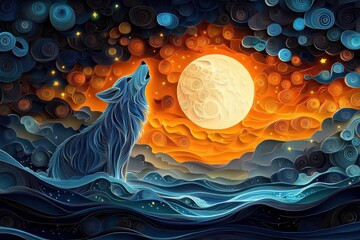 Intricate Quilling Paper Wolf Howling at Moon - Mystique of Wild Animals