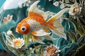 Elegant Paper Cut Quilled Goldfish Swimming in Decorative Fishbowl - Tranquil Aquatic Pet Artwork