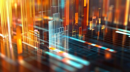 Aufkleber - A 3D chart with multiple layers of transparent bars rising from a grid, illustrating complex data trends in a visually striking manner.