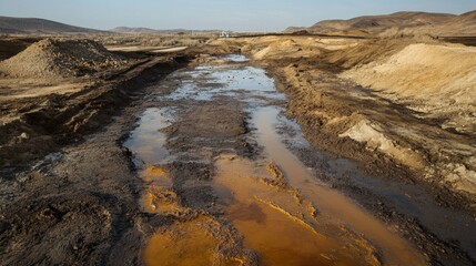 polluted mining runoff creating a toxic landscape with stripped land and hazardous waste in a desola