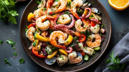 Poster - A colorful seafood salad photographed from above, with a mix of shrimp, octopus, and clams tossed in olive oil, fresh vegetables, and herbs.