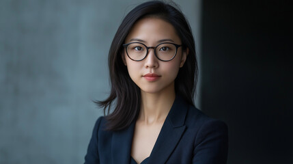 Asian businesswoman wearing glasses with copy space background