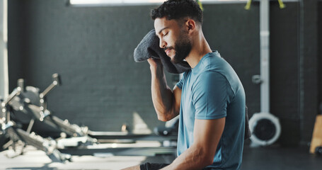 Poster - Break, fitness and sweating with man in gym for challenge, sports training or workout. Exhausted, fatigue and towel with tired athlete person in health club for recovery or rest from exercise