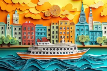 Intricate Paper Cut Quilling Art of Luxury River Cruise Boat in Urban Landscape