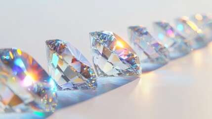 Aufkleber - A row of shimmering diamonds lined up neatly on a pure white background, their facets catching and refracting light in every direction.