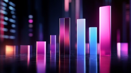 Wall Mural - A sleek 3D bar graph with glossy columns of different heights, set against a dark background, emphasizing data visualization in finance and business