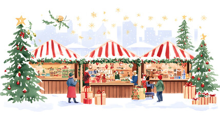 Wall Mural - Cartoon Christmas market with festive stalls and twinkling lights. Christmas fair watercolor illustration