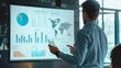 © Boy photographer - Tech-enabled digital marketing experts with dynamic graphs, charts and icons for office market research. With tools such as laptops and tablets displaying visualizations, This scene conveys the concep