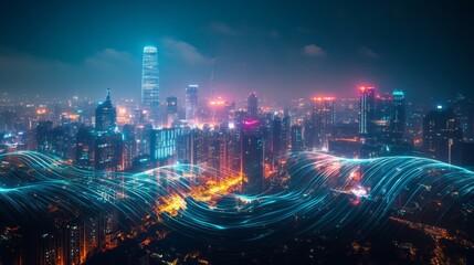 Aufkleber - An urban cityscape illuminated by electric waves in the sky at night, blending the beauty of nature with technological energy.