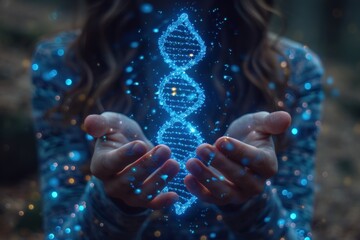 a woman's open hands hold a glowing, digital dna helix, representing the future of science and genet