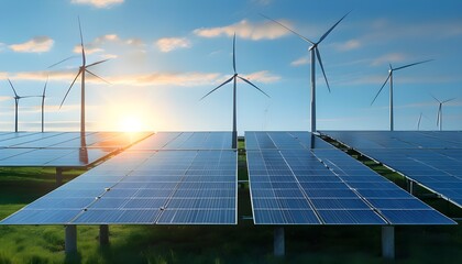 Clean energy solutions with solar panels and wind turbines against a clear blue sky