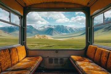 A train car with two seats and a window that looks out over a field