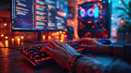Hands typing on a keyboard in front of a computer monitor with a colorful display of data and code.