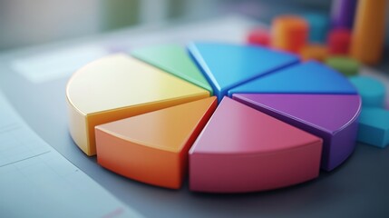Fototapete - Close-up of a 3D pie chart with a portion pulled out to emphasize a specific segment, showcasing detailed data and a modern, professional look.