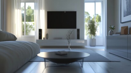 Poster - Close-up of a beautifully designed minimalistic living room featuring sleek furniture, a monochromatic color scheme, and plenty of natural light.
