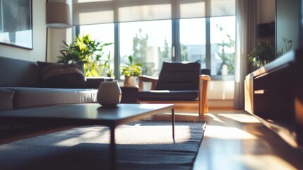 Poster - Close-up of a beautifully designed minimalistic living room featuring sleek furniture, a monochromatic color scheme, and plenty of natural light.