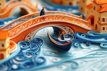 Wall Mural - Intricate Paper Cut Quilling Artwork of Venice Canals with Gondolas, Swirling Patterns, and Delicate Bridges