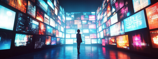 Silhouette of a person standing in a room filled with numerous digital screens displaying colorful data and graphics, creating a futuristic and immersive atmosphere.