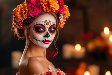 Elegant portrait of a woman with Catrina makeup for Day of the Dead