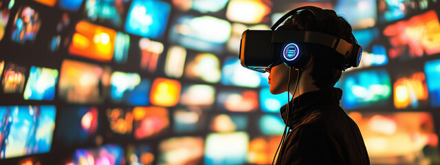 A young Asian male immersed in a virtual reality experience, wearing VR goggles and headphones in front of a vibrant, multi-screen digital display.