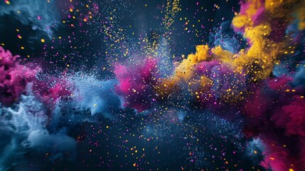 Cosmic Color Burst: A vibrant and abstract explosion of color, with swirling hues of blue, pink, and yellow, against a deep, star-strewn black backdrop. This captivating image evokes a sense of energy