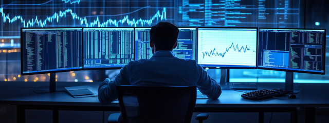 A man working at a computer desk with multiple monitors displaying data and stock charts in a dimly lit office environment.