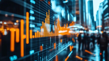 Poster - Close-up of a financial graph with a focus on positive growth trends and key performance indicators, set against a backdrop of a bustling business environment.