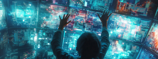 Male computer programmer analyzes complex data on multiple futuristic screens, immersed in a high-tech digital environment with vibrant blue and red hues.