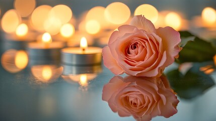 Poster - A delicate pink rose rests on a reflective surface amidst glowing candles. This image captures elegance and romance. Perfect for themes of love and tranquility. AI