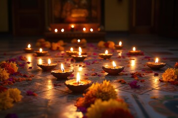 Candles and marigolds decorating floor for Diwali celebration