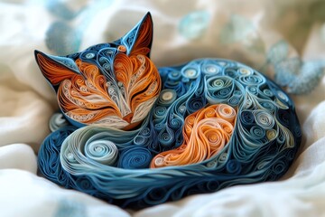 Serene Quilling Paper Cat: Cozy Filigree Feline Craft in Paper Cut Style for Home Bliss and Tranquility